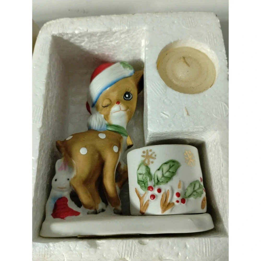 Vintage 1978 Little Reindeer‎ Candle Holder Bisque Porcelain Christmas Decor